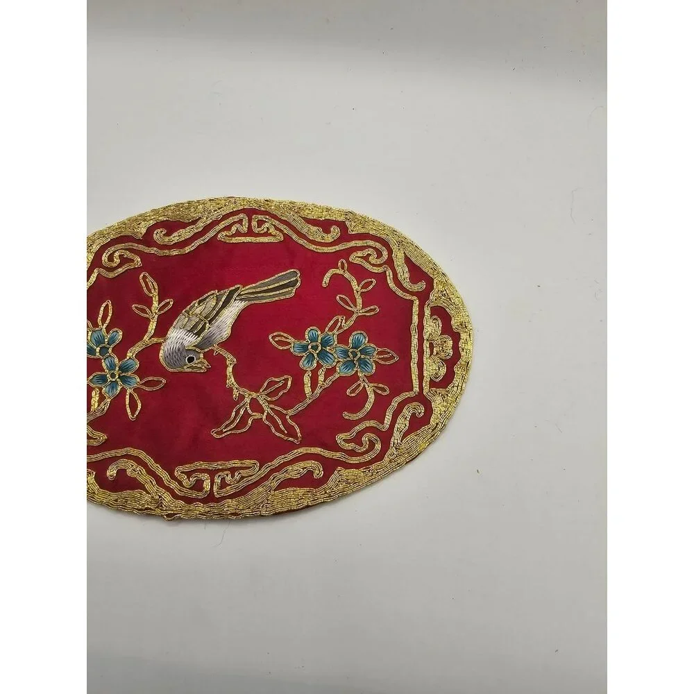 Vintage Oval Hand-Embroidered Bird & Floral Red‎ Silk Decorative Mat